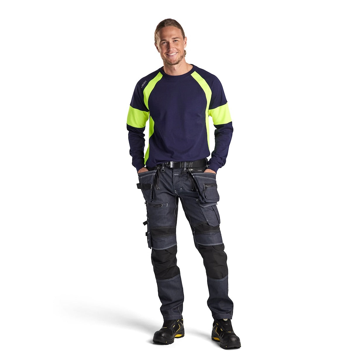 Blaklader Long Sleeved T-Shirt 3520 #colour_navy-blue-hi-vis-yellow