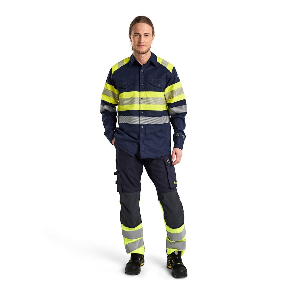 Blaklader Trousers Multinorm Inherent with Stretch 1787 #colour_navy-blue-hi-vis-yellow
