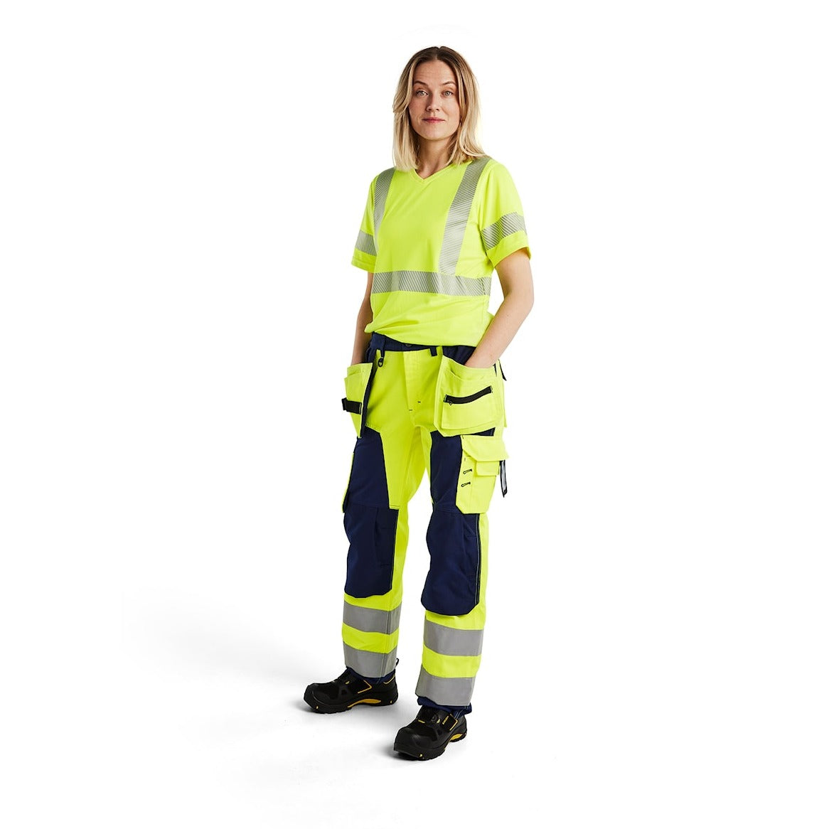 Blaklader Women's Hi-Vis Trousers 7156 #colour_hi-vis-yellow-navy-blue