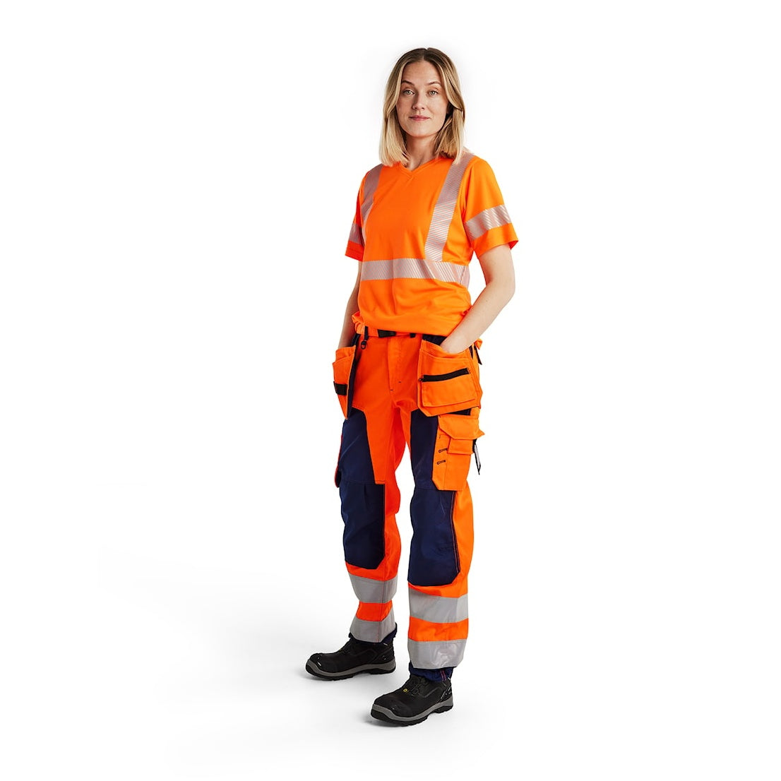 Blaklader Women's Hi-Vis Trousers 7156 #colour_orange-navy-blue