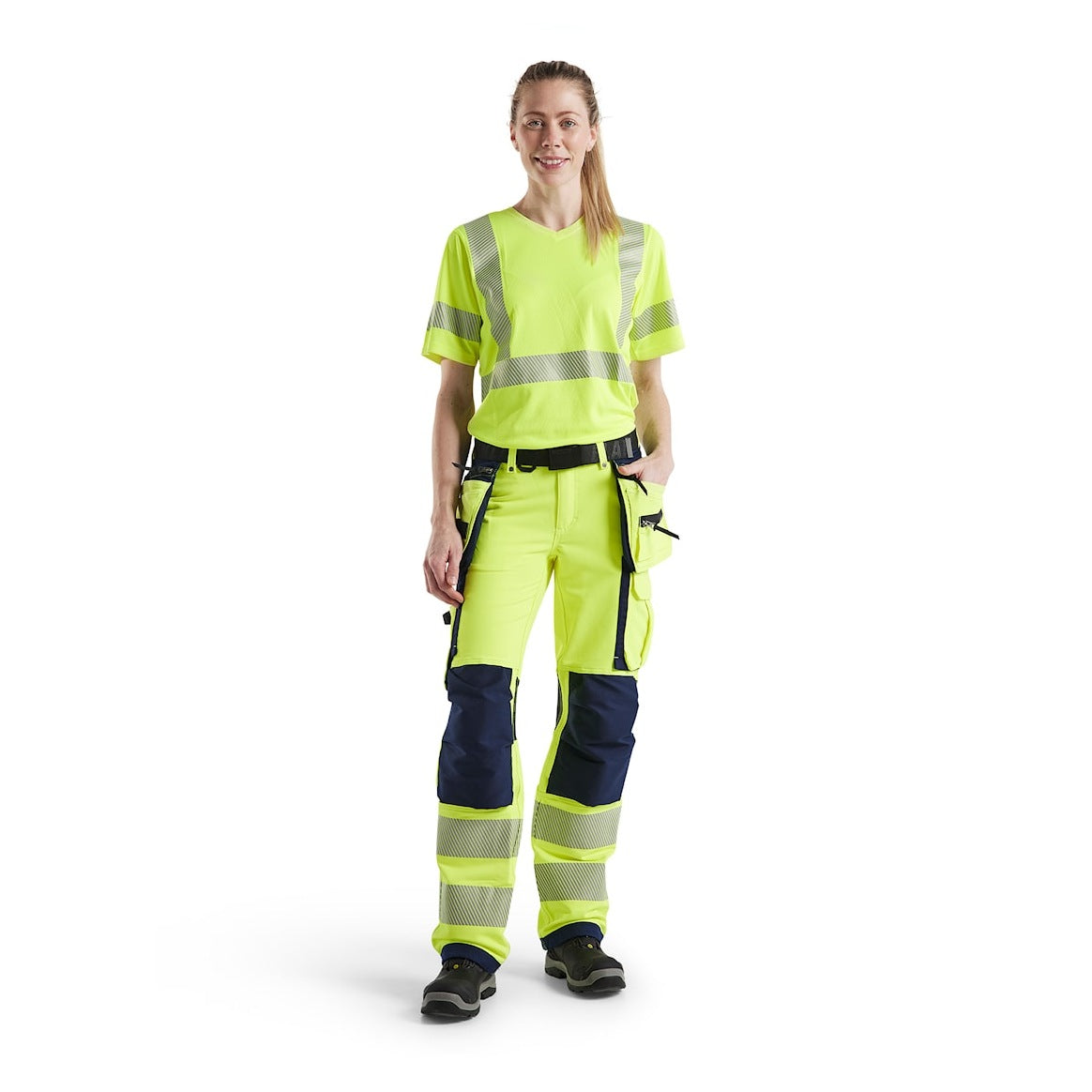 Blaklader Women's 4-Way-Stretch Hi-Vis Trousers 7197 #colour_hi-vis-yellow-navy-blue