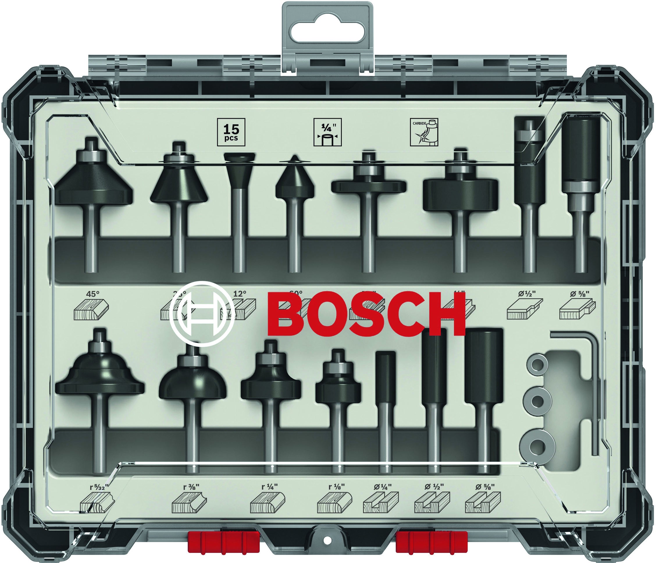 Bosch Professional 15-Piece Mixed Application Router Bit Set - 1/4" Shank