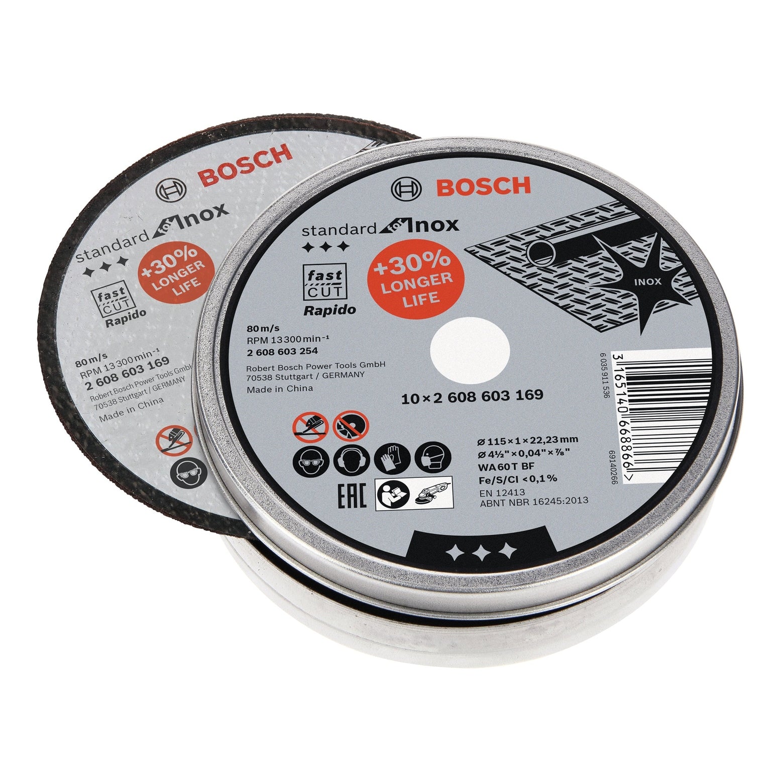 Bosch Professional Inox Cutting Disc - Rapido Straight WA 60 T BF, 115mm x 22.23mm x 1.0mm (Pack of 10)