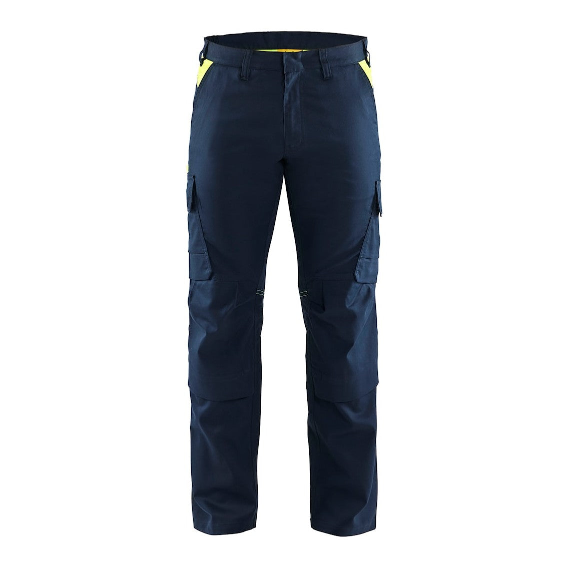 Blaklader Industry Trousers Stretch with Knee Pad Pockets 1448 #colour_dark-navy-blue-hi-vis-yellow