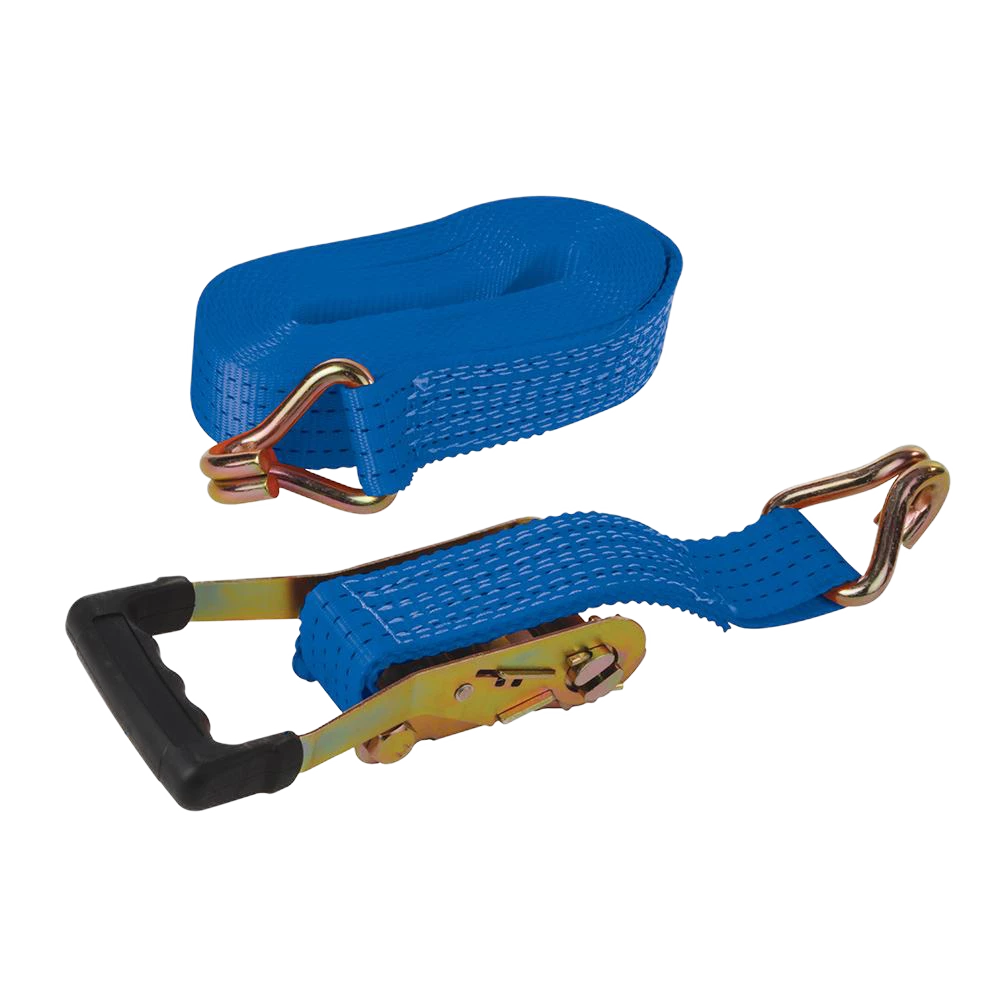 Silverline Rubber-Handled Ratchet Tie Down Strap J-Hook 8m x 50mm - Rated 1300kg/Capacity 2600kg