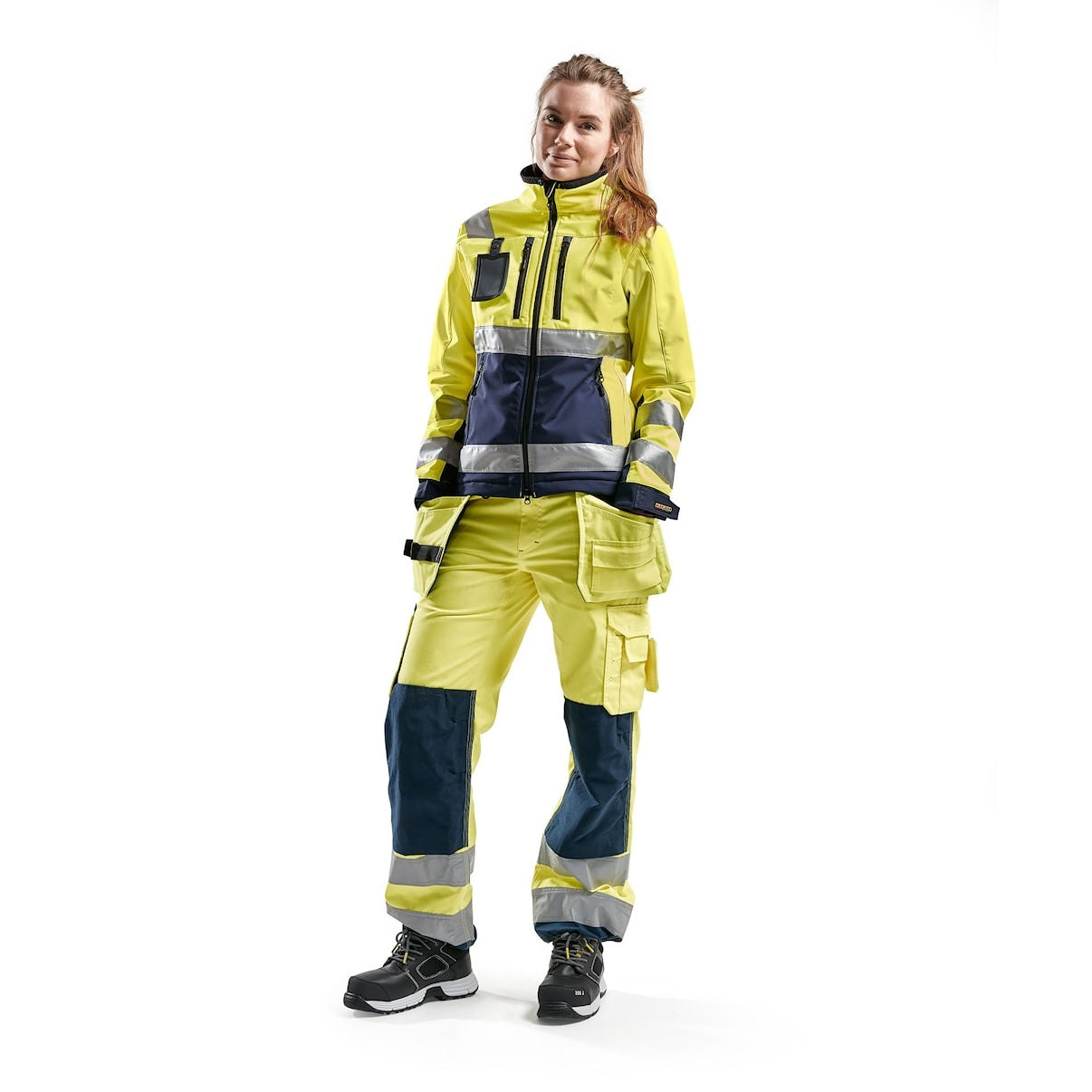 Blaklader Women's Hi-Vis Softshell Jacket 4902 #colour_hi-vis-yellow-navy-blue