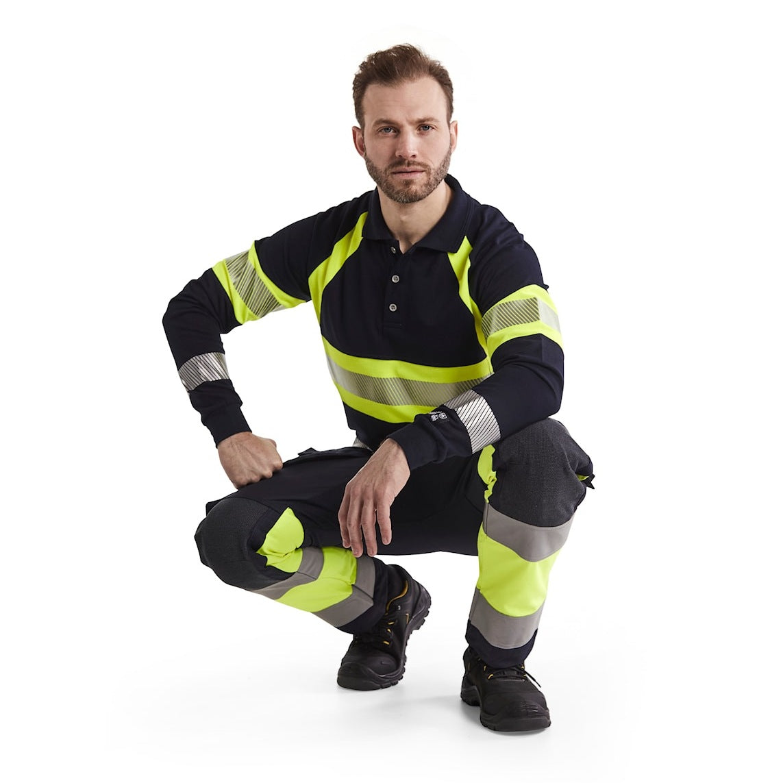 Blaklader Multinorm Inherent Trousers with Stretch 1487 #colour_navy-blue-hi-vis-yellow