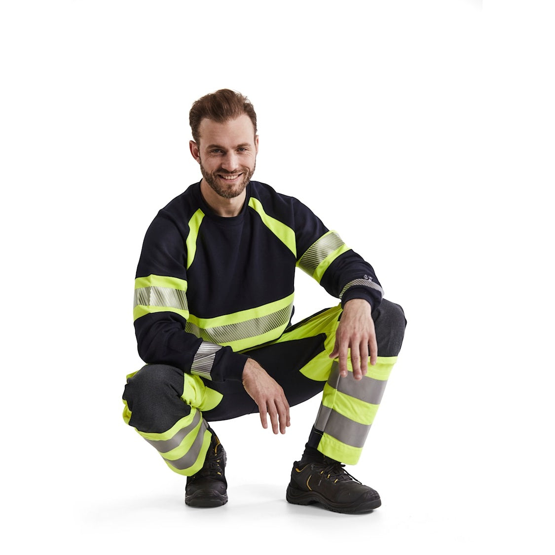 Blaklader Multinorm Inherent Trousers with Stretch 1487 #colour_navy-blue-hi-vis-yellow