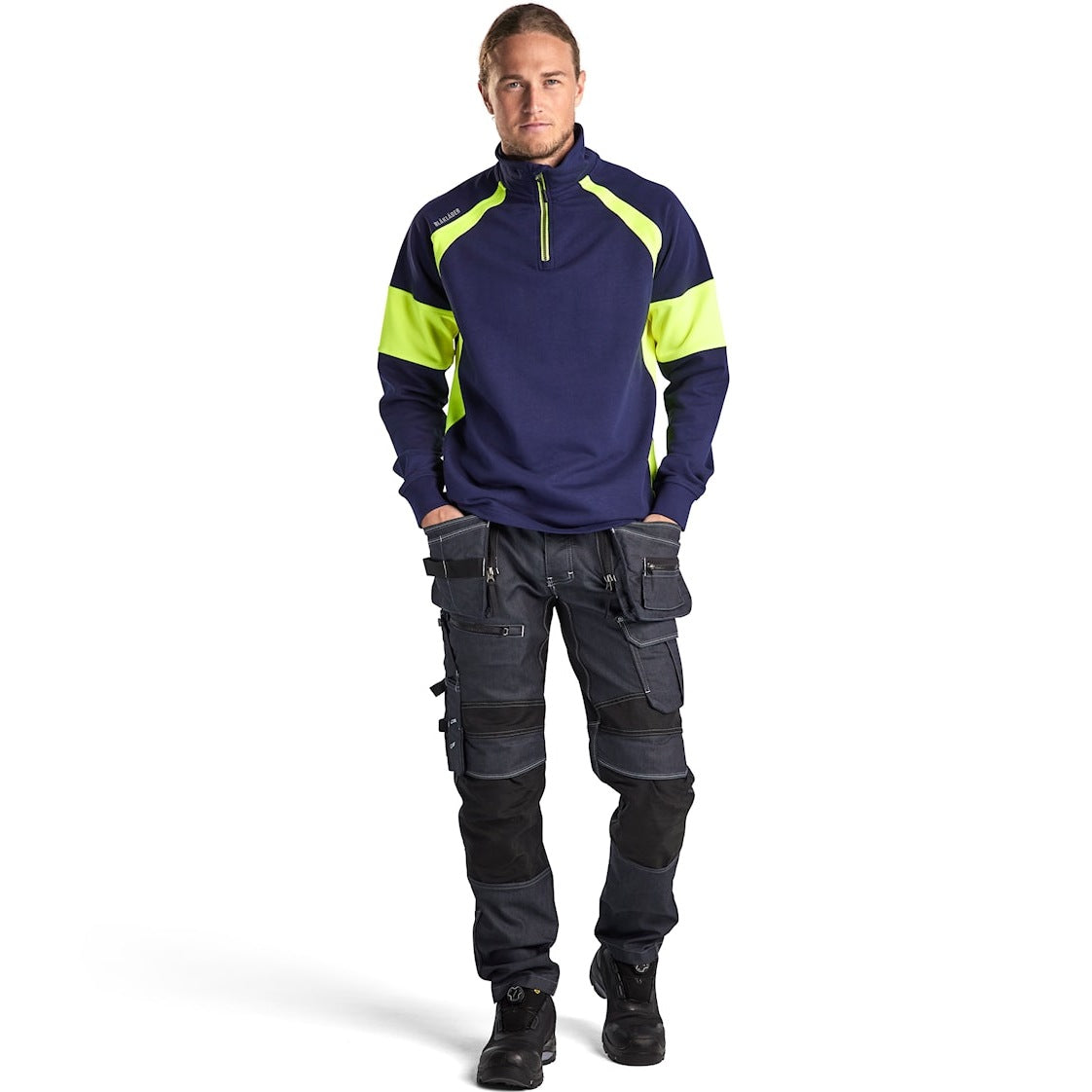 Blaklader Sweatshirt with Hi-Vis Panels 3550 #colour_navy-blue-hi-vis-yellow