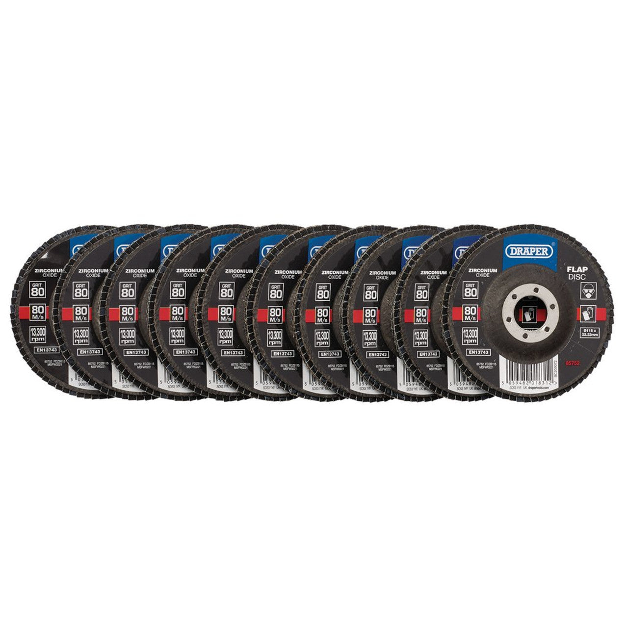 Draper Tools Zirconium Oxide Flap Discs, 115 x 22.23mm, 80 Grit (Pack Of 10)