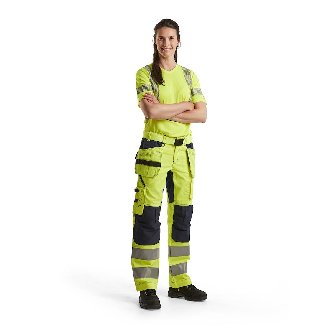 Blaklader Women's Hi-Vis Trousers with Stretch 7163 #colour_hi-vis-yellow-navy-blue