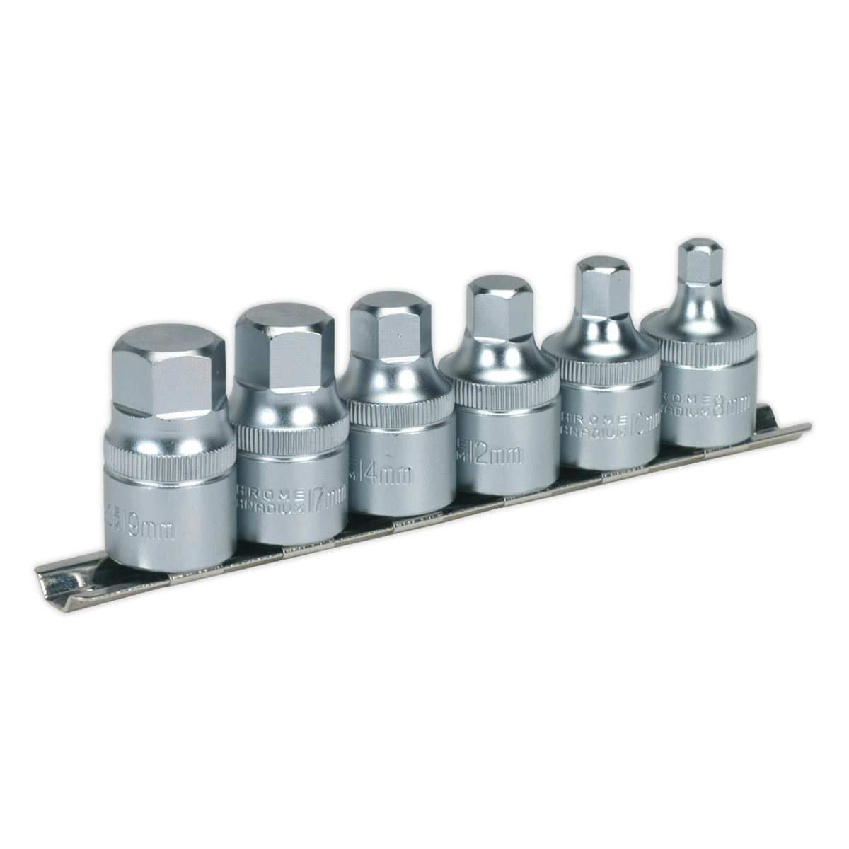 Sealey Hex Socket Bit Set with Rail 6pc Stubby 1/2"Sq Drive Metric