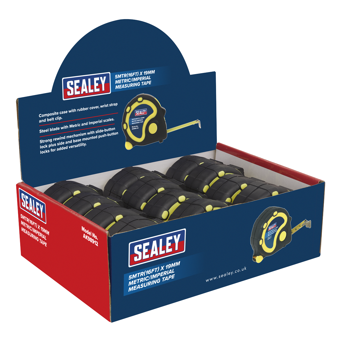 Sealey Rubber Tape Measure 5m(16ft) x 19mm Metric/Imperial Display Box of 12