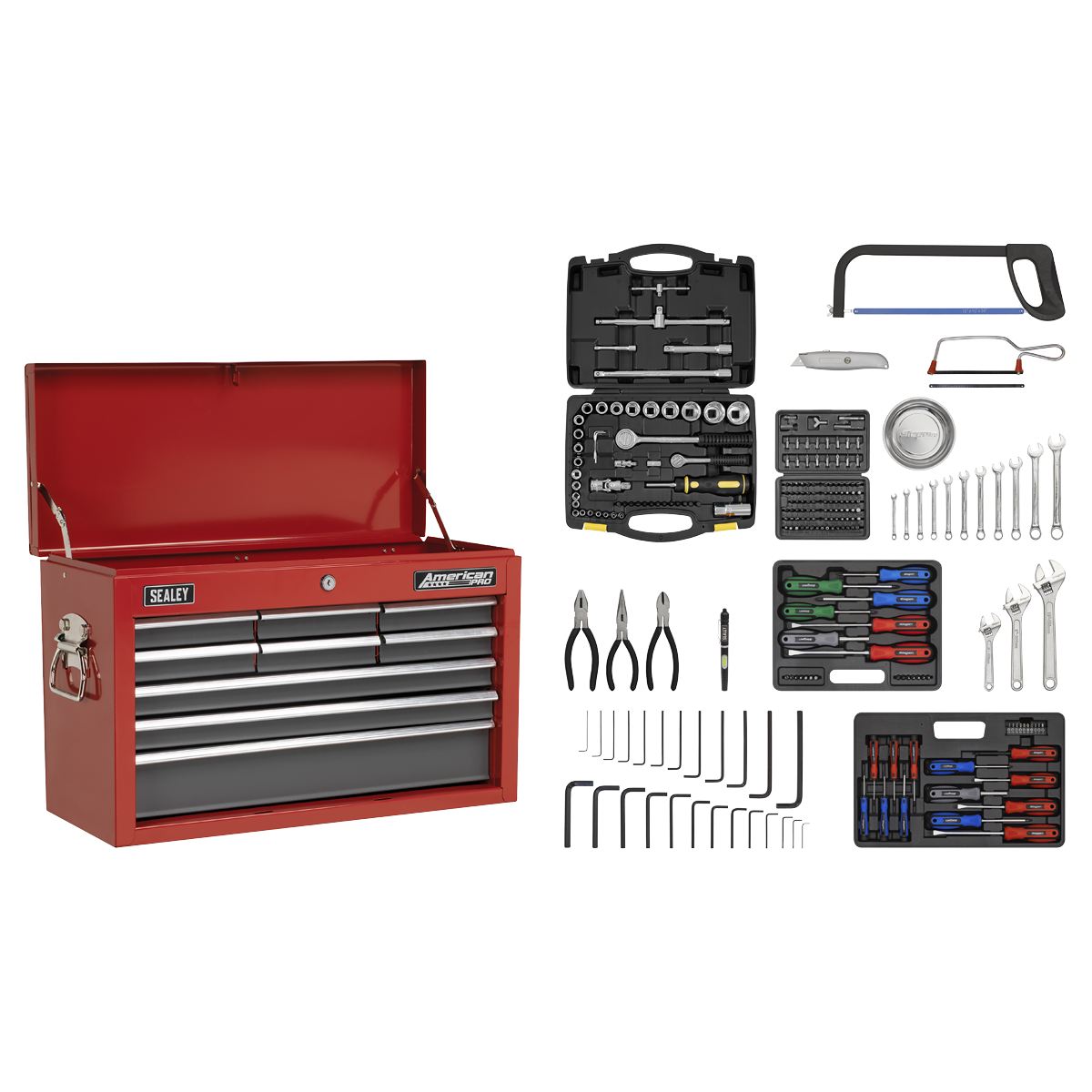 Sealey Topchest 9 Drawer with Ball-Bearing Slides - Red/Grey & 205pc Tool Kit