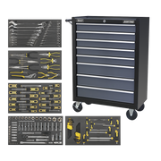 Sealey Rollcab 8 Drawer with Ball-Bearing Slides - Black/Grey & 136pc Tool Kit