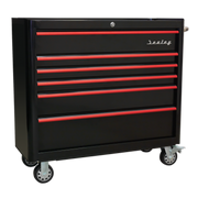 Sealey Rollcab 6 Drawer Wide Retro Style - Black with Red Anodised Drawer Pulls