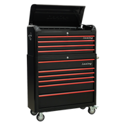 Sealey Retro Style Wide Topchest & Rollcab Combination 10 Drawer-Black with Red Anodised Drawer Pull