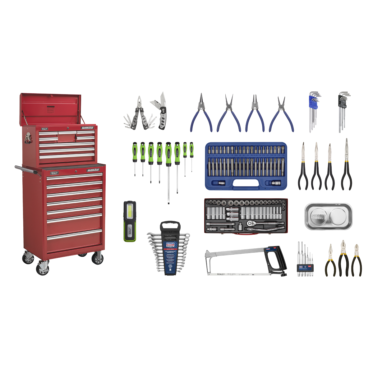 Sealey Topchest & Rollcab Combination 15 Drawer with Ball-Bearing Slides - Red & 147pc Tool Kit
