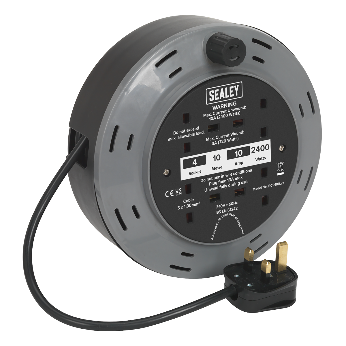 Sealey Cassette Type Cable Reel 10m 4 x 230V 1.00mm² Thermal Trip