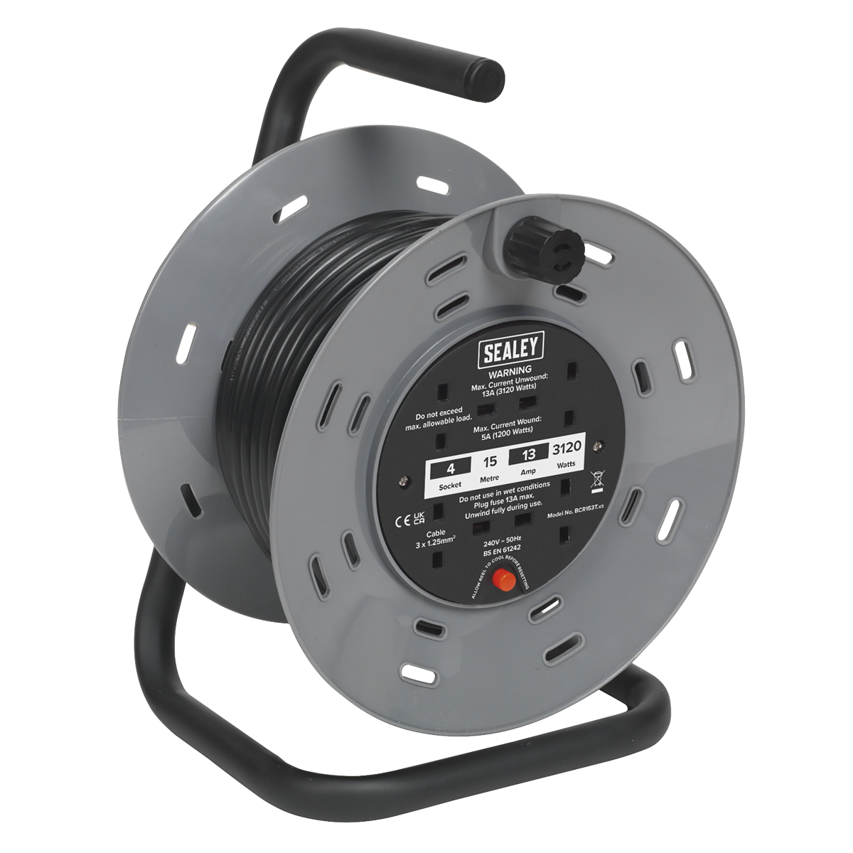 Sealey Cable Reel 15m 4 x 230V Thermal Trip