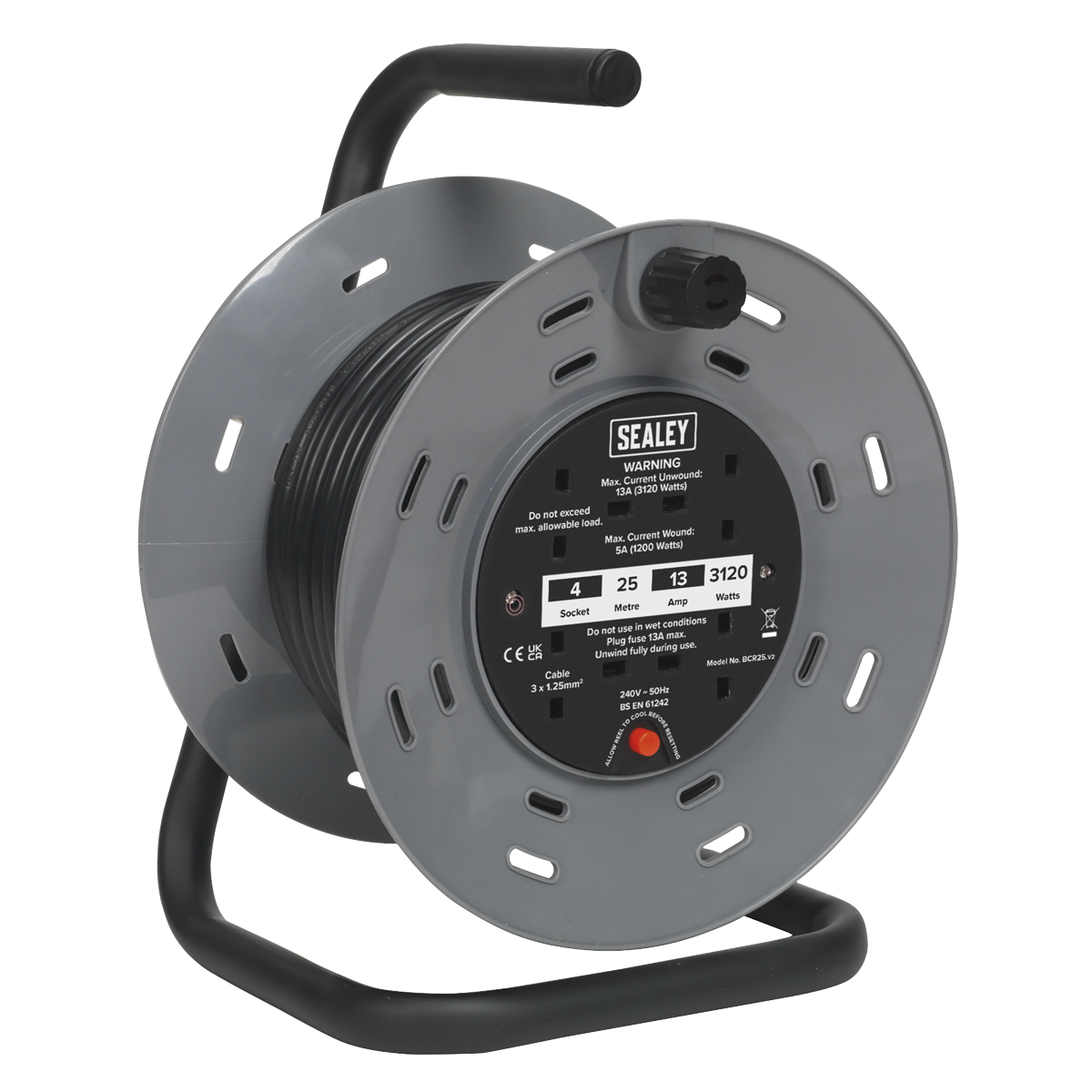 Sealey Cable Reel 25m 4 x 230V 1.25mm² Thermal Trip