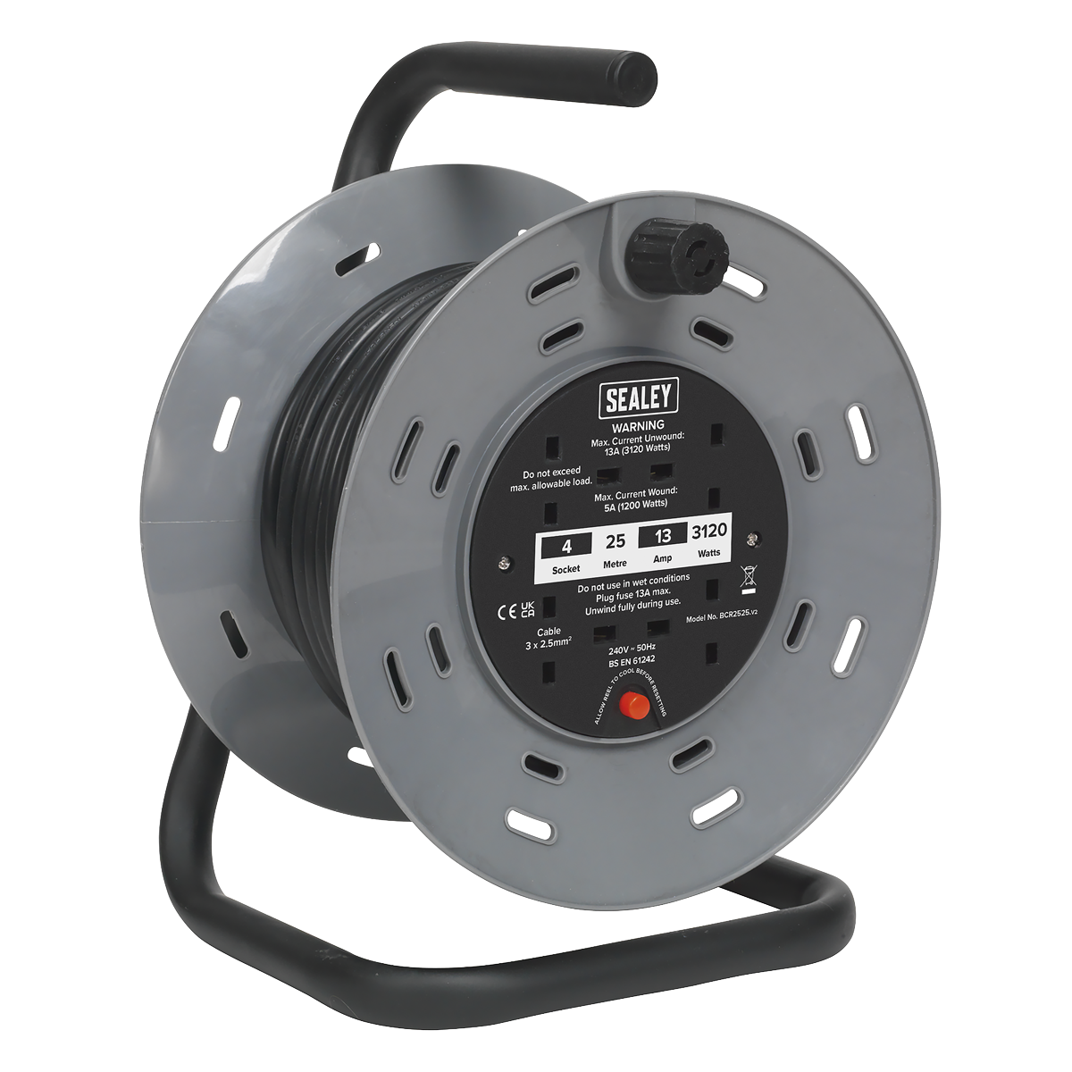 Sealey Cable Reel 25m 4 x 230V 2.5mm² Thermal Trip
