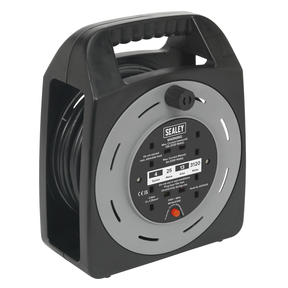 Sealey Cable Reel Box Type 25m 4 x 230V 1.25mm² Thermal Trip