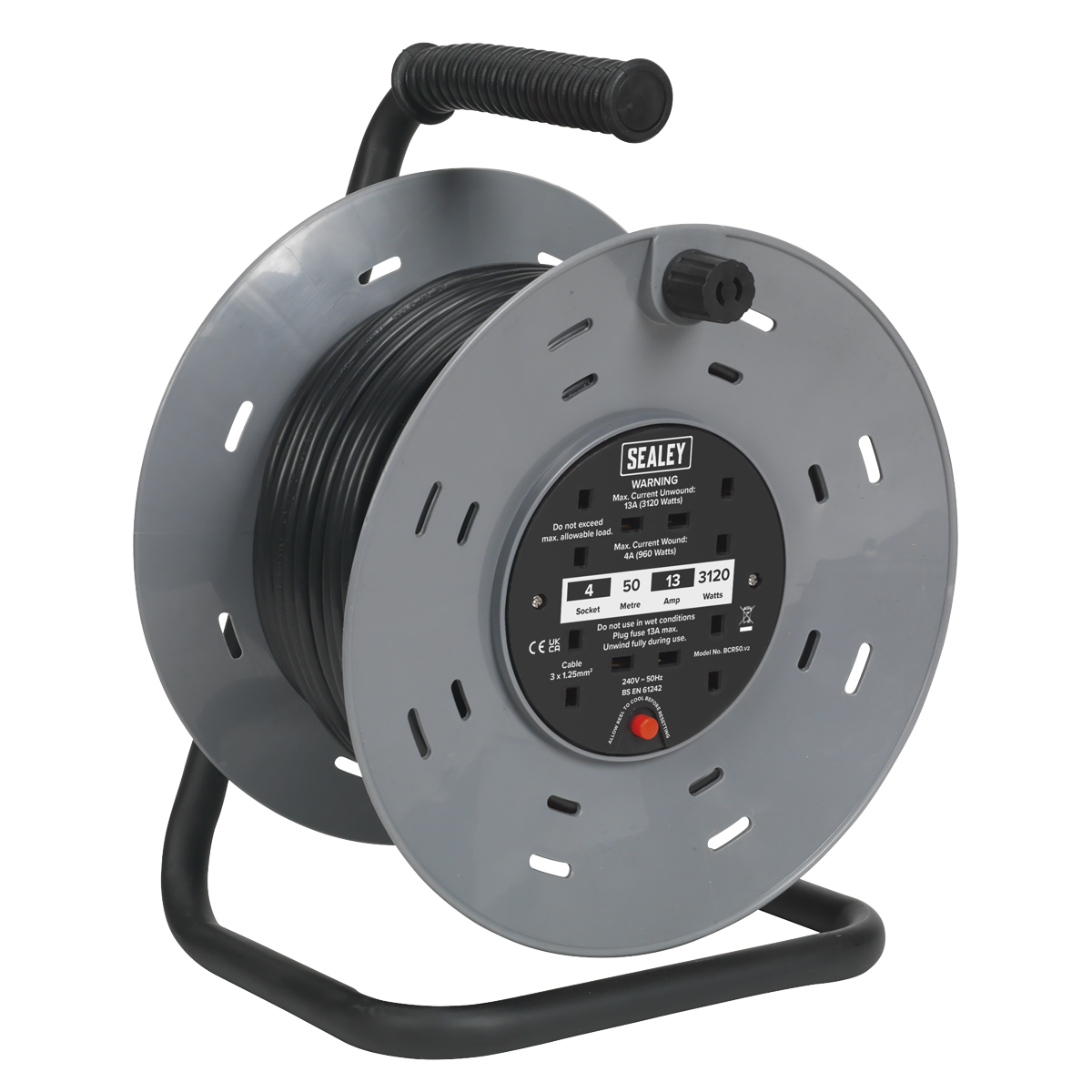 Sealey Cable Reel 50m 4 x 230V 1.25mm² Thermal Trip