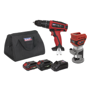 Sealey 2 x 20V SV20 Series Cordless Router & Combi Drill Kit - 2 Batteries