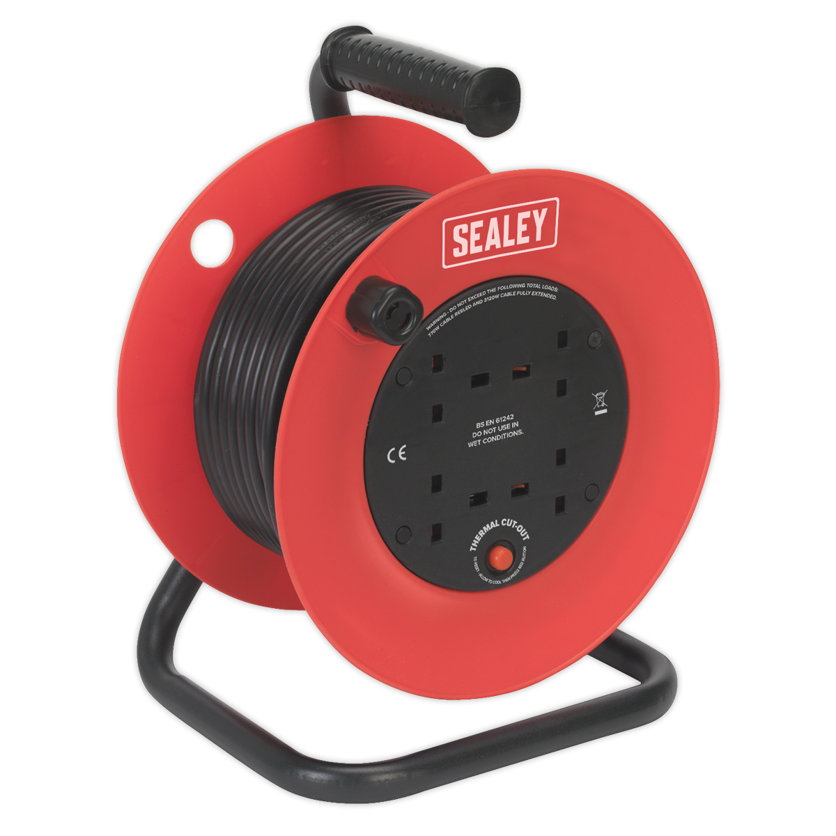 Sealey Cable Reel 25m 4 x 230V 1.5mm² Heavy-Duty Thermal Trip