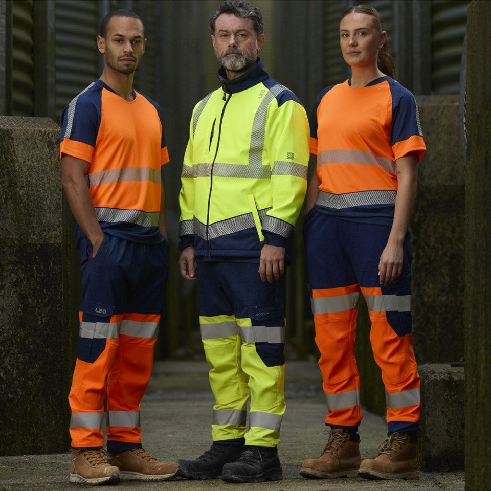 Leo Workwear HAWKRIDGE Leo EcoViz High Performance 4X Stretch Trouser [Orange/Navy]