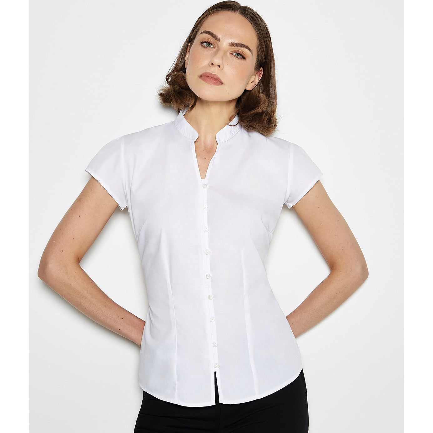 Kustom Kit Women's Continental Blouse Mandarin Collar Cap Sleeve (Tailored Fit)