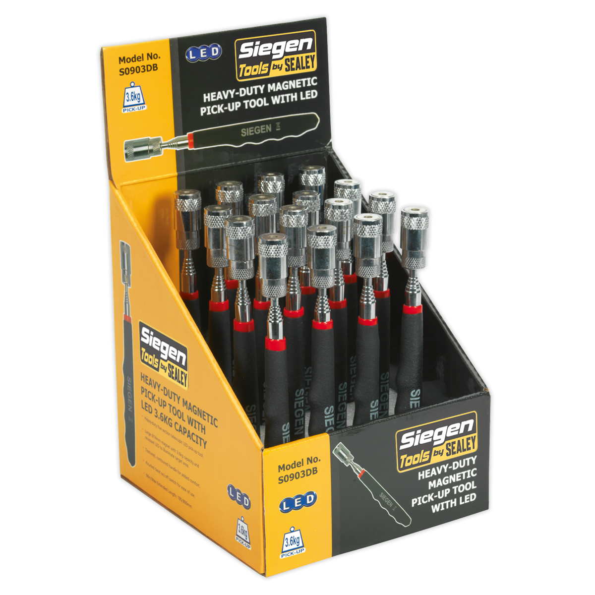 Sealey Heavy-Duty Magnetic Pick-Up Tool with LED 3.6kg Capacity Display Box of 16
