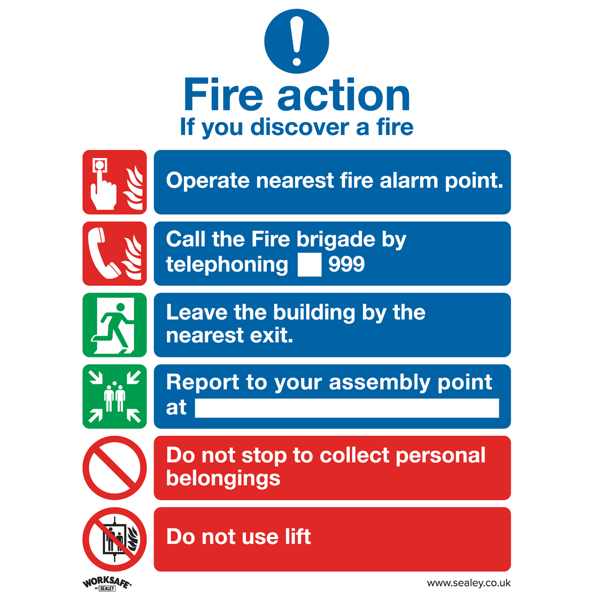 Sealey Safe Conditions Safety Sign - Fire Action With Lift - Self-Adhesive Vinyl - Pack of 10