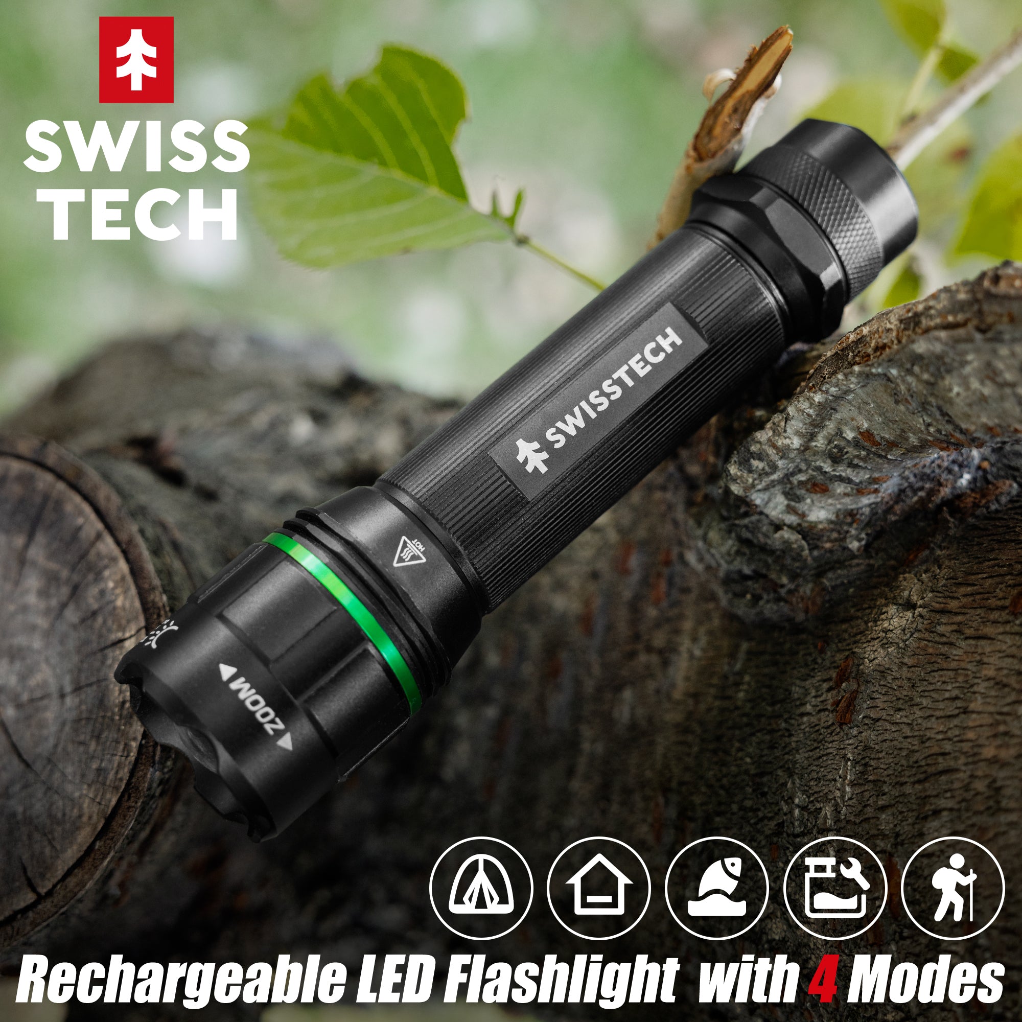 Scruffs Swiss-Tech Rechargeable Focus LED Flashlight - USB Rechargeable Zoom Torch - 18650 & 3 x AAA Compatible