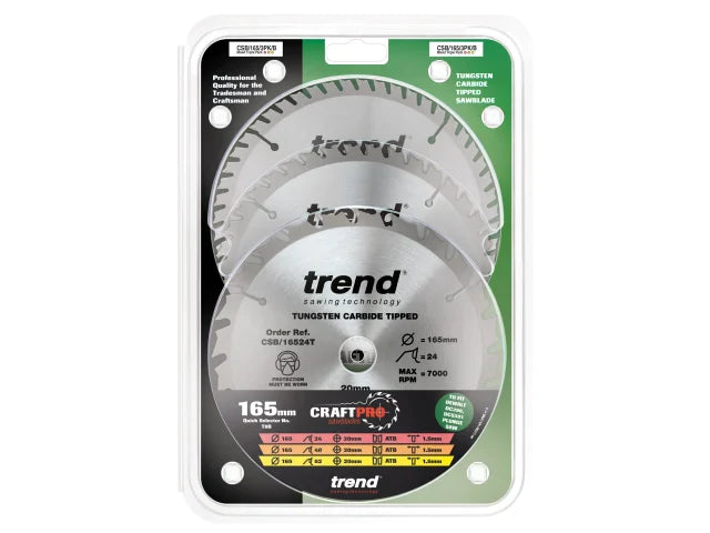 Trend CraftPro Cordless Saw Blade 165 x 20mm x 24T/40T/52T (Pack 3)
