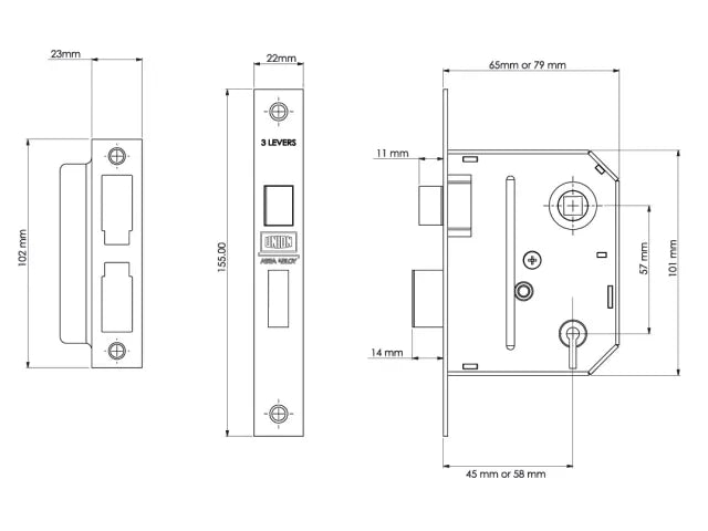 UNION ES-SL Essentials 3 Lever Mortice Sashlock Chrome 65mm 2.5in Visi