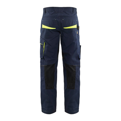 Blaklader Service Trousers with Stretch 1495 #colour_dark-navy-blue-hi-vis-yellow