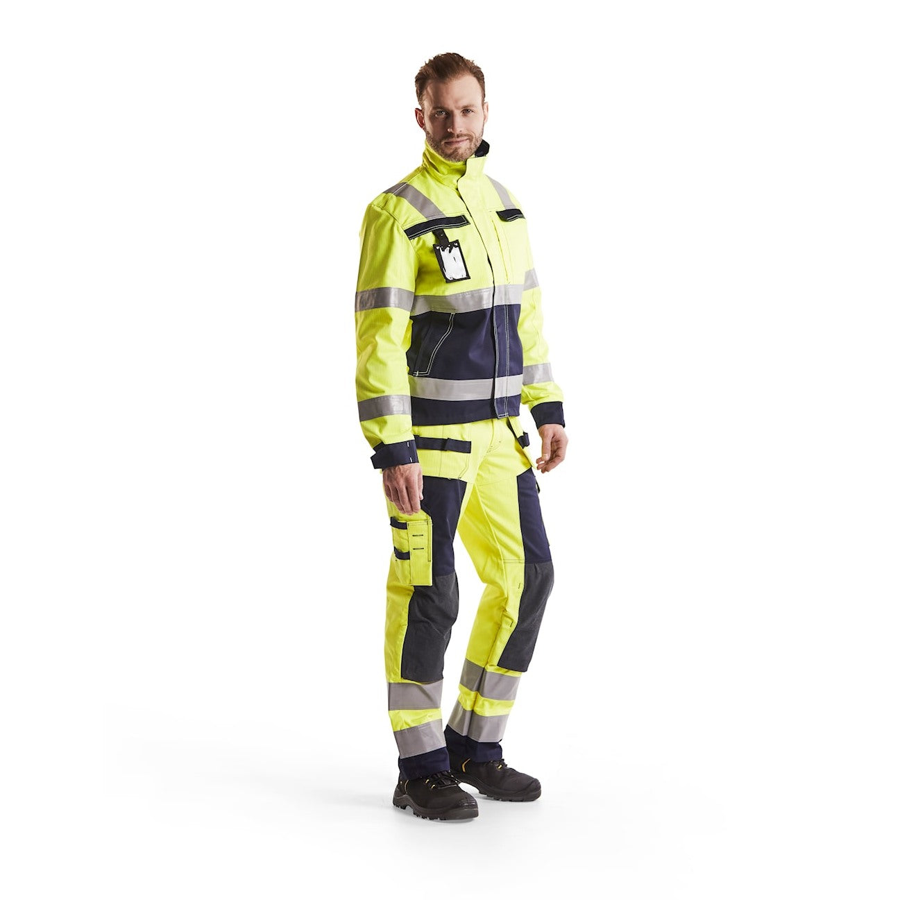 Blaklader Multinorm Jacket 4087 #colour_hi-vis-yellow-navy-blue