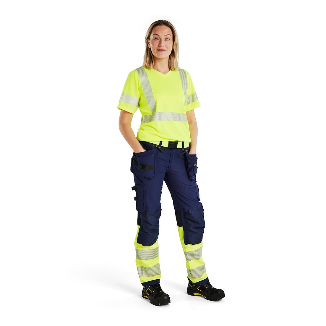 Blaklader Women's Hi-Vis 4-Way-Stretch Trousers 7193 #colour_navy-blue-hi-vis-yellow