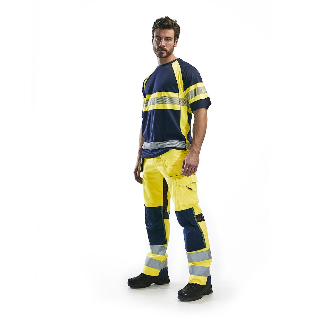 Blaklader Ventilated Hi-Vis Trousers 1565 #colour_hi-vis-yellow-navy-blue