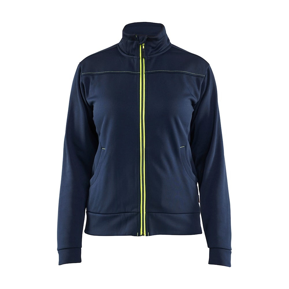 Blaklader Women's Sweatshirt with Full Zip 3394 #colour_dark-navy-blue-hi-vis-yellow