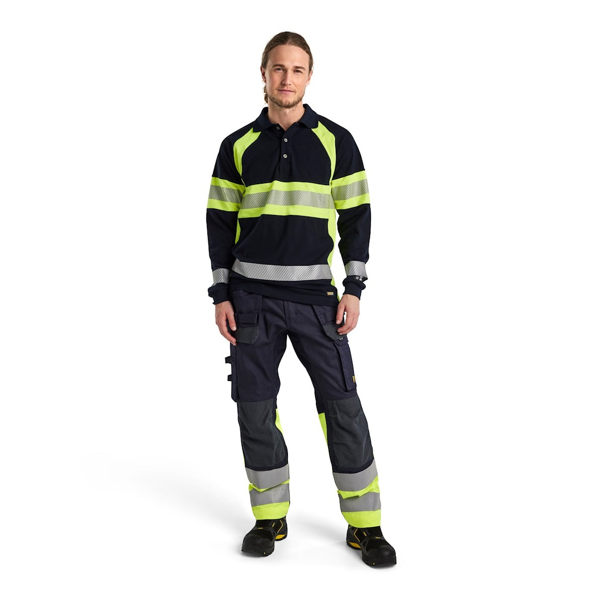 Blaklader Multinorm Inherent Trousers with Stretch 1487 #colour_navy-blue-hi-vis-yellow