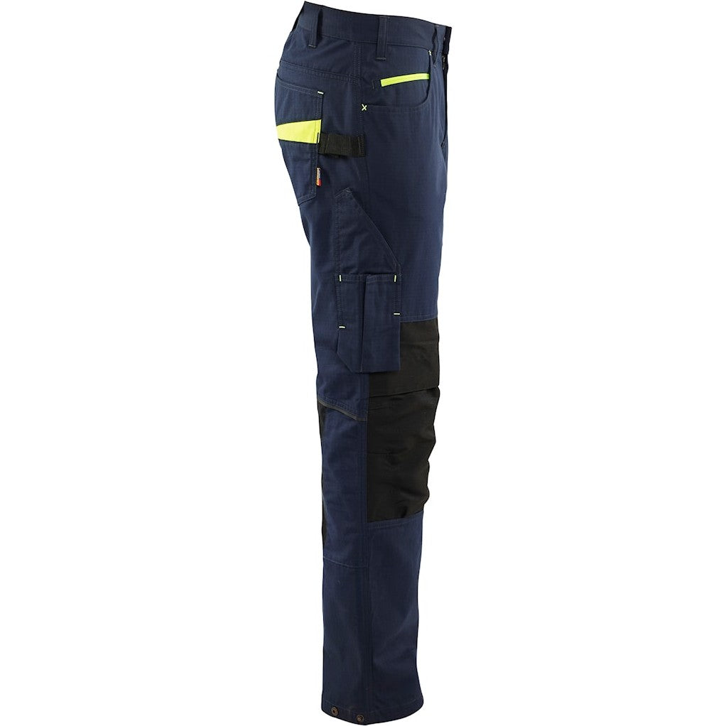 Blaklader Service Trousers with Stretch 1495 #colour_dark-navy-blue-hi-vis-yellow