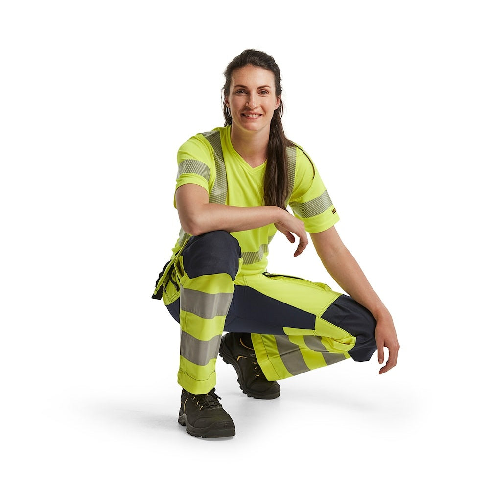 Blaklader Women's Hi-Vis Trousers with Stretch 7163 #colour_hi-vis-yellow-navy-blue