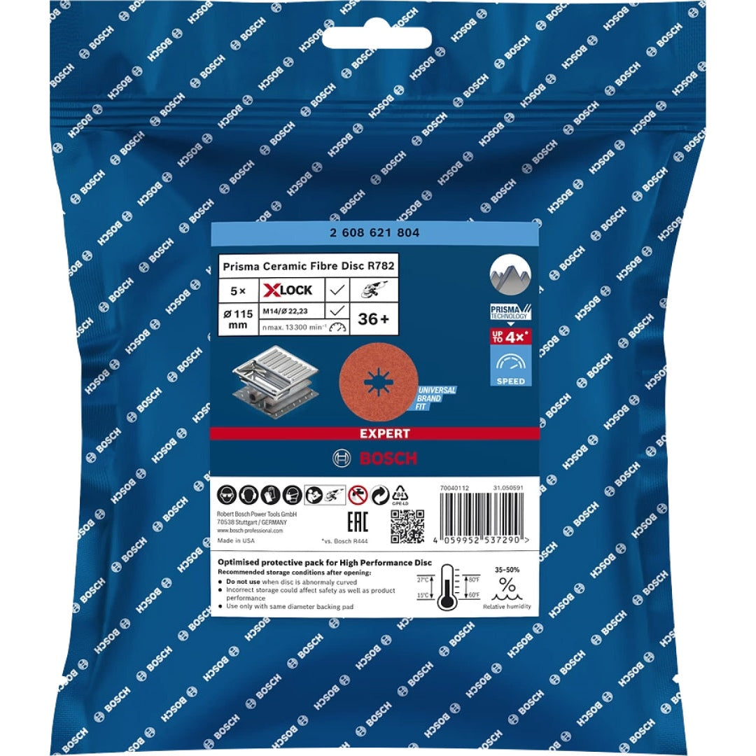 Bosch Professional Expert R782 Prisma Ceramic X-LOCK Fibre Disc - 115mm, G36, 5-pc, 22.23mm