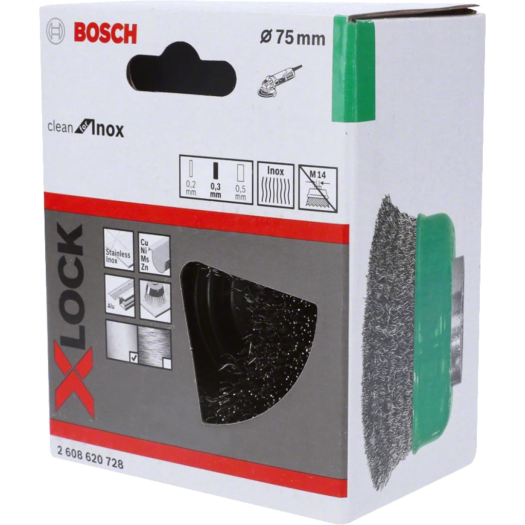 Bosch Professional X-LOCK Cup Brush - Crimped, Stainless Steel, 75mm, 0.3mm Thickness