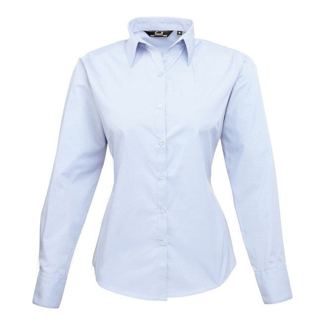 Premier Women's Poplin Long Sleeve Blouse - Light Blue