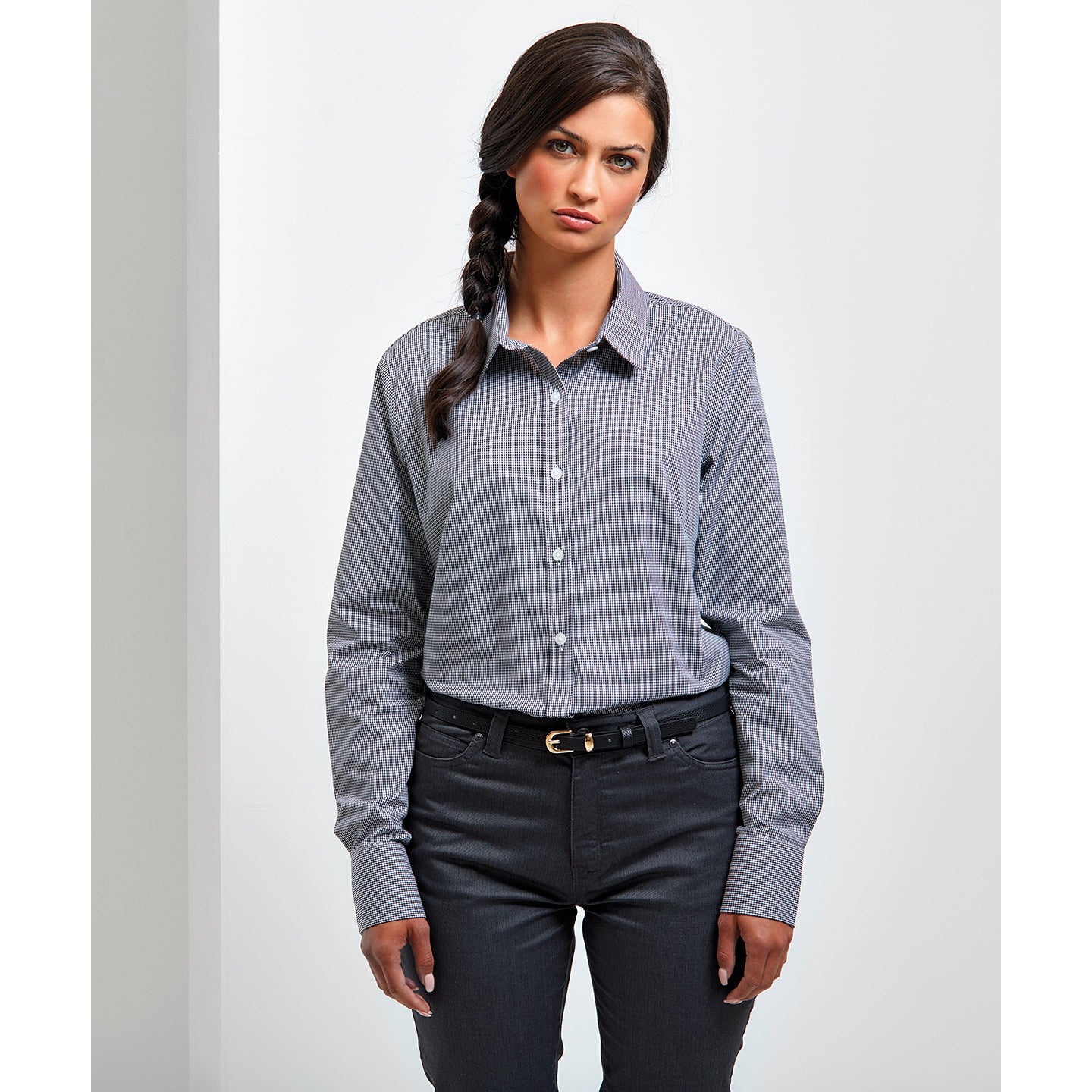Premier Women's Microcheck (Gingham) Long Sleeve Cotton Shirt