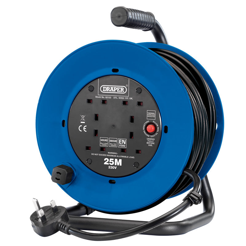 Draper 230V Heavy Duty Industrial Four Socket Cable Reel (25M)